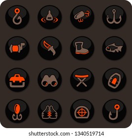 Fishing color vector icons on dark background for user interface design
