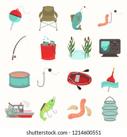 Fishing color vector icons set. Flat design