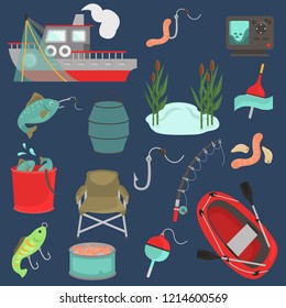 Fishing color vector icons set. Flat design