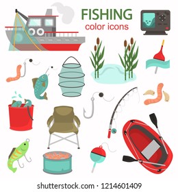 Fishing color vector icons set. Flat design