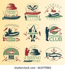 Fishing colored emblem set with fishing tours club tackle and camp descriptions vector illustration 