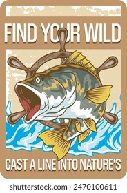 Fishing Colorful Cartoon poster with Big Bass Tuna Fish Jump Out Vector Illustration in Brown Color Background