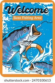Fishing Colorful Cartoon poster with Big Bass Tuna Fish Fishing Bait Jump Out From Water Splash Vector Illustration