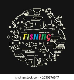 fishing colorful gradient with line icons set, vector editable stroke