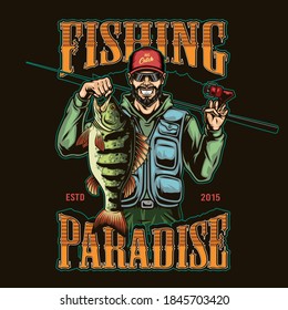 Fishing colorful label in vintage style with bearded fisher in baseball cap and sunglasses holding bass and fishing rod isolated vector illustration