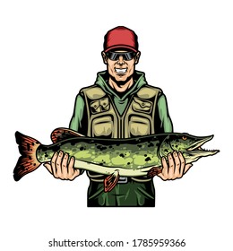 Fishing colorful vintage concept with cheerful fisher holding caught pike on his arms isolated vector illustration