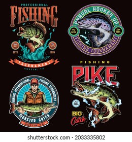 Fishing colorful vintage labels with inscriptions different fishes and smiling angler in sunglasses and baseball cap holding pike isolated vector illustration