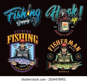 Fishing colorful vintage logos with aluminum can full of worms fishing float reel smiling fishermen holding rainbow trout and pike isolated vector illustration