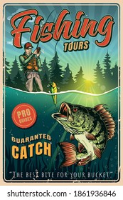 Fishing colorful vintage poster with fisherman in baseball cap caught big perch on lure vector illustration