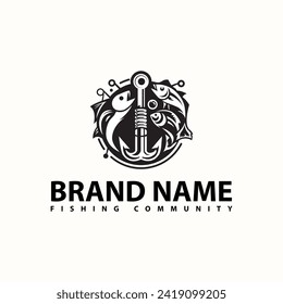 fishing community logo design with fish and circle and hook elements