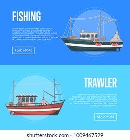 Fishing company flyers with trawlers. Vintage marine flotilla of ships, sea or ocean nautical transportation. Commercial small boats for traditional industrial seafood production vector illustration.