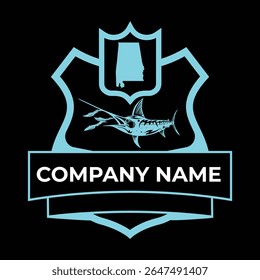 Fishing Company Logo Design Featuring Alabama State Shape and a Swordfish for Branding Purposes in the Fishing Industry