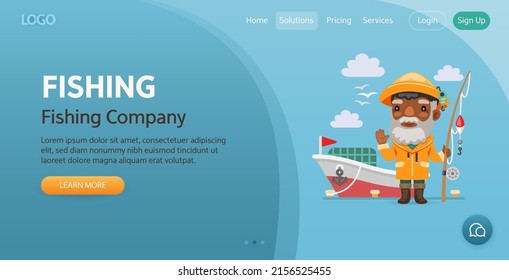 Fishing Company website template. Illustration of a cartoon fisherman stands on a pier in front of a boat. Composition with a professional man. Flat male character.