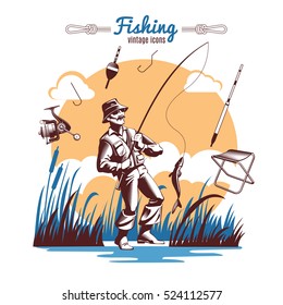 Fishing composition with vintage old style icons of fisher lake reeds fishing gear and title text vector illustration