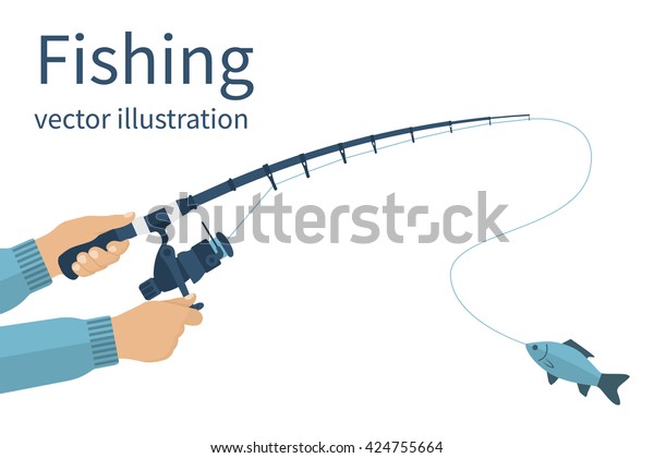 Fishing concept, banner, poster. Vector\
illustrations flat design. Fisherman holding in hands fishing rod\
with reel, spinning rods with a\
catch.