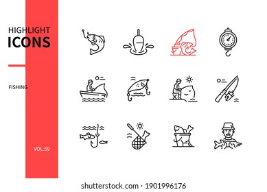 Fishing concept - line design style icons set on white background. Hobby and leisure, occupation theme. Catch, float, spinning rod, spring balance, boat, lure, fisherman, hook, net, haul, fisher