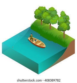 Fishing concept. Man fishing on a lake from the boat. Fisherman with rod. Flat 3d vector isometric illustration. 