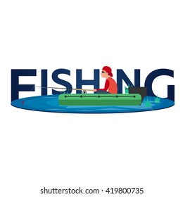 Fishing concept. Fishing on the boat, flat style. Fishing set.