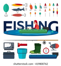 Fishing concept. Fishing on the boat, flat style. Fishing set.