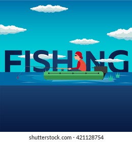 Fishing concept. Fishing on the boat, flat style. Fishing illustration