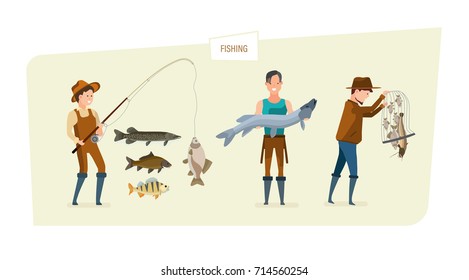 Fishing concept. People catch fish: fishing on fishing rod of different kinds of fish, demonstration of high results, storage in a fishing net. Illustration isolated in cartoon style.