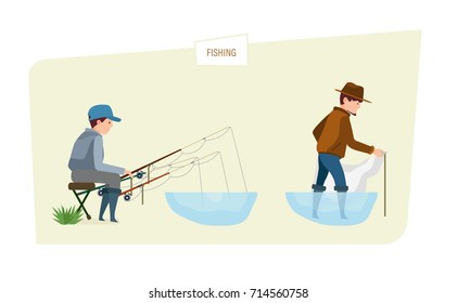 Fishing concept. People fishermans fishing fish on fishing rod and net, taking a great interest in their favorite business and hobby. Illustration isolated in cartoon style.