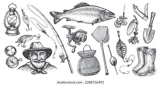 Concepto de pesca, vector establecido. Colección de dibujos a mano sobre el tema de la captura de peces