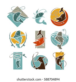 Fishing concept vector poster on white. Set of badges of pike or perch or crucian fish caught on fishing rod and other tackles, man silhouette holding fish-rod and is going to angle