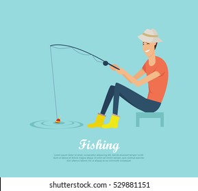 Fishing conceptual vector banner. Flat design. Smiling man in hat and gumboots sitting with fishing rod in hand on the river. Recreation near the water. For fishing hobby club, tourist company ad  