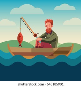 Fishing conceptual vector banner. Flat design. Recreation near the water. For fishing hobby club, tourist company ad
