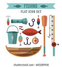 Fishing conceptual vector icons set. Flat design. Recreation near the water. For fishing hobby club, tourist company ad