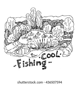 Fishing, cool. Landscape with a lake surrounded by trees. Doodle. Range of tools for angling. Vintage typography illustration isolation on white