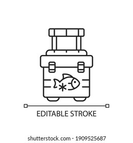 Fishing cooler linear icon. Basic fishers equipment. Fishing contest. Fish in fridge. Thin line customizable illustration. Contour symbol. Vector isolated outline drawing. Editable stroke