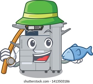 Fishing copier machine above mascot wood table