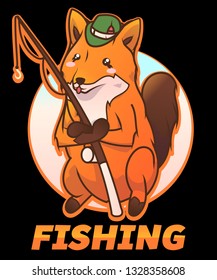 Fishing cute fox character near lake. Vector. Fox children book character isolated on black background.