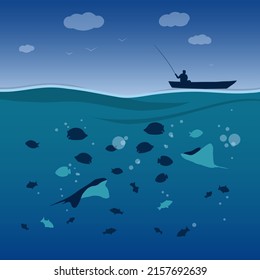 Fishing day concept. Fisherman at boat in the middle of the sea, ocean. cartoon, flat vector. Hobby to catch fish.