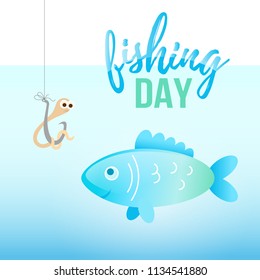 Fishing day illustration with cartoon fish and worm on hook under water. Kid education, fishing banner and poster