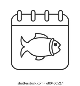 Fishing day linear icon. Thin line illustration. Calendar page with fish. Contour symbol. Vector isolated outline drawing