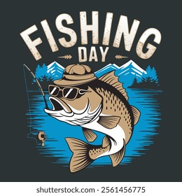 Fishing Day logo, cartoon fish wearing sunglasses and hat, jumping out of water, mountain landscape background