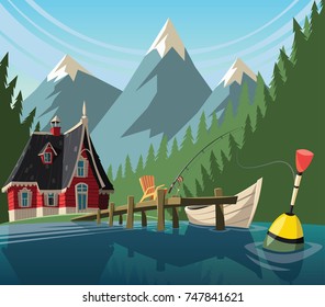 Fishing day on mountain lake