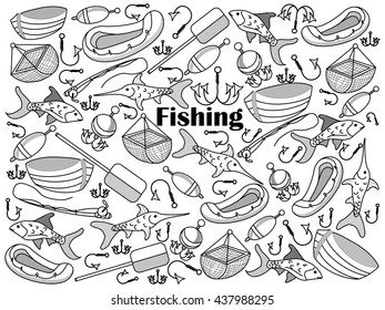 Fishing design colorless set vector illustration. Coloring book. Black and white line art