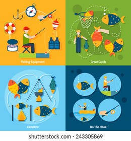 Fishing design concept set with equipment catch campfire hook flat icons set isolated vector illustration