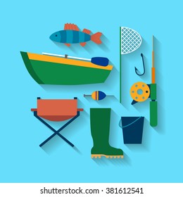 Fishing design concept set style flat. vector illustration