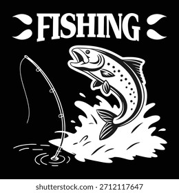 Fishing design with jumping fish style vector illustration for t-shirt print