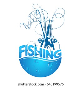 Fishing design silhouette with fishing rods and water drops