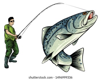 Fishing design for vector. A fisherman catches a boat on a wave.