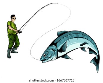 Diseño de la pesca para el vector. Un pescador atrapa un bote en una ola.