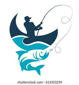 Diseño de la pesca para el vector. Un pescador atrapa un bote en una ola.