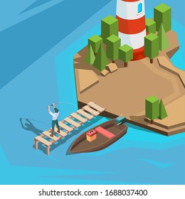 Fishing at dock. Outdoor berth fisherman in boat river or sea fishing with spinning active vacation time vector isometric background