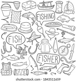 Fishing doodle icon set. Fisher Vector illustration collection. Banner Hand drawn Line art style.